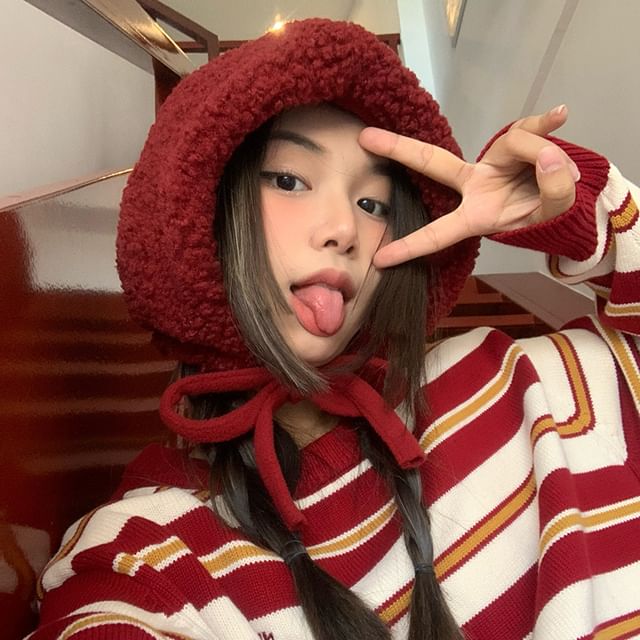 Fleece Hat Knit Beanie Plain Cable Tie-Up /