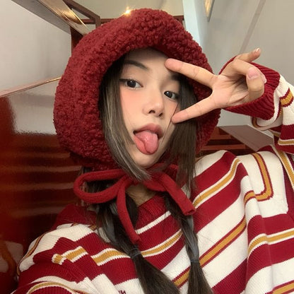 Fleece Hat Knit Beanie Plain Cable Tie-Up /