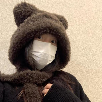 / Ribbed Fluffy Ear Plain Beanie Hat Bear