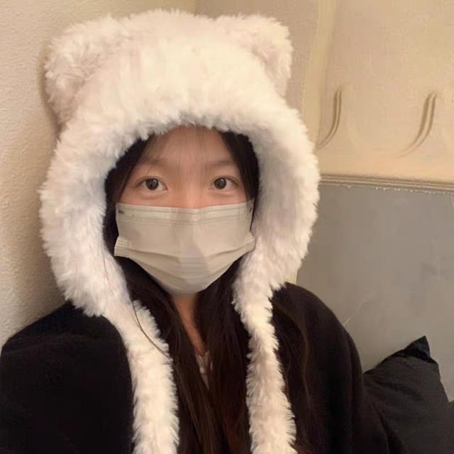 Beanie Fluffy Ribbed Bear Plain Hat Ear /