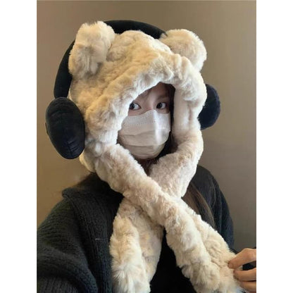 Ear Beanie / Fluffy Hooded Bear Scarf Ribbed