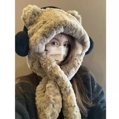 Ear Beanie / Fluffy Hooded Bear Scarf Ribbed