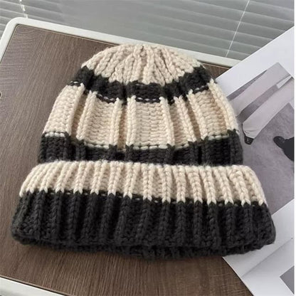 / Striped Plain Beanie Ribbed