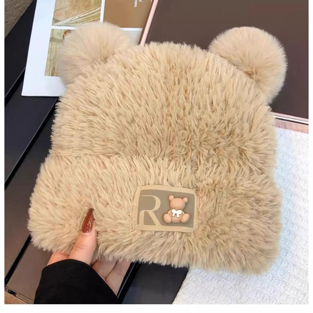 Knit Hat Balaclava Plain Fluffy / Bear