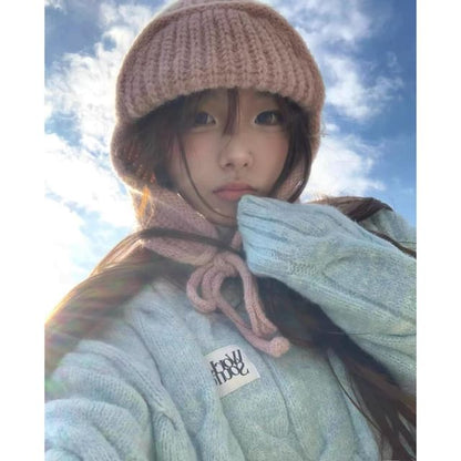 Knit Hat Balaclava Plain Fluffy / Bear