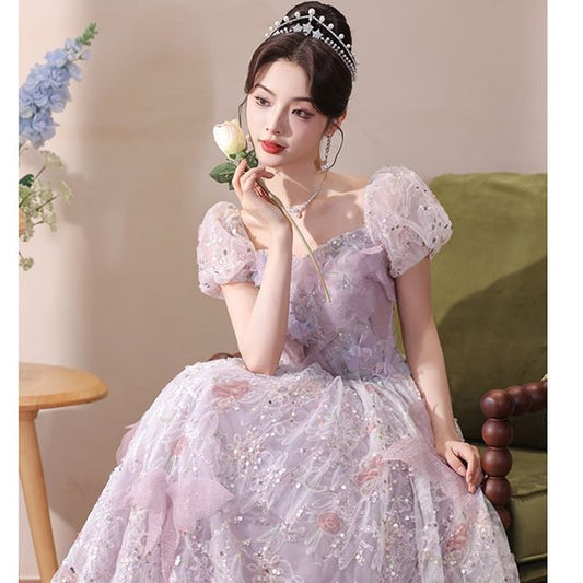 Evening Puff-Sleeve Gown Flower Embroidered A-Line Sequin