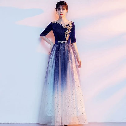 Evening A-Line Gradient Embroidered Flower Gown Sequin Elbow-Sleeve