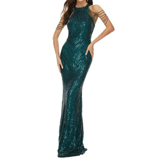 Beaded Evening Halter Gown Mermaid Sequin Strappy