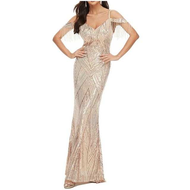 Cold-Shoulder Sequin Gown Evening Trumpet Beaded