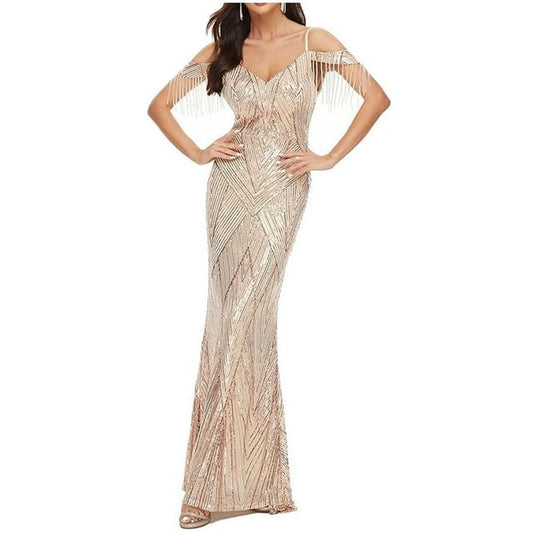 Cold-Shoulder Sequin Gown Evening Trumpet Beaded