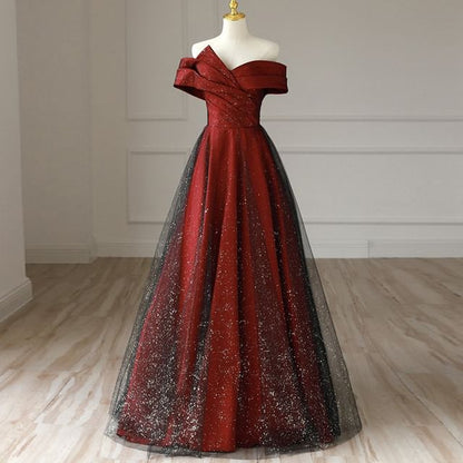 Evening Panel A-Line Glitter Off-Shoulder Mesh Asymmetrical Gown