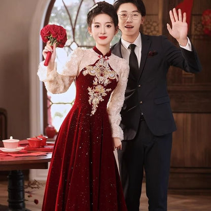 Flower Sequin Puff-Sleeve A-Line Embroidered Evening Gown