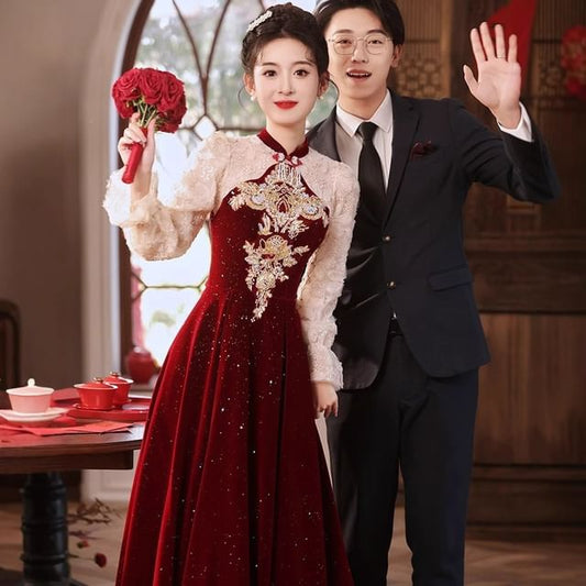 Flower Sequin Puff-Sleeve A-Line Embroidered Evening Gown