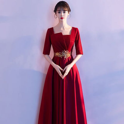 Evening Gown Neck Embroidered Square A-Line Elbow-Sleeve