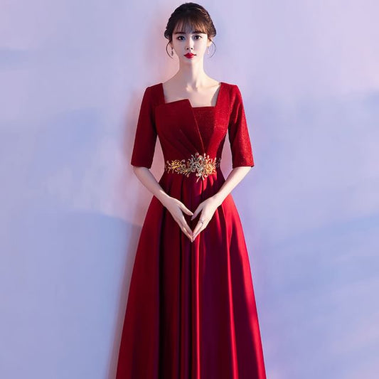 Evening Gown Neck Embroidered Square A-Line Elbow-Sleeve