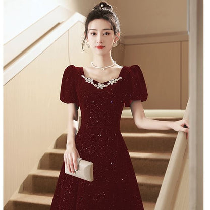 Evening Sequin Puff-Sleeve Rhinestone A-Line Gown