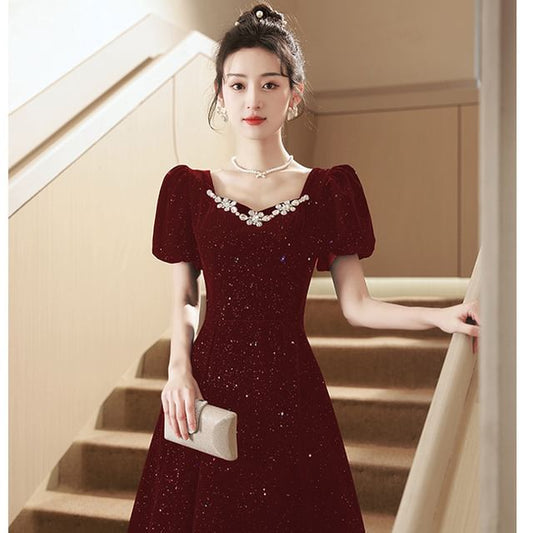 Evening Sequin Puff-Sleeve Rhinestone A-Line Gown