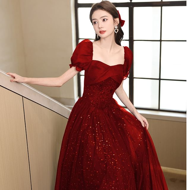A-Line Sequin Evening Puff-Sleeve Gown