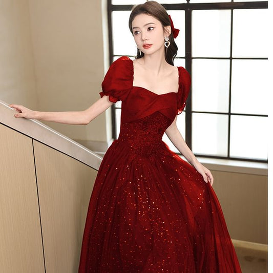 A-Line Sequin Evening Puff-Sleeve Gown