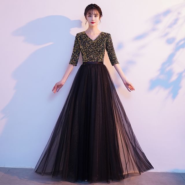 Gown Evening A-Line Sequin Elbow-Sleeve V-Neck