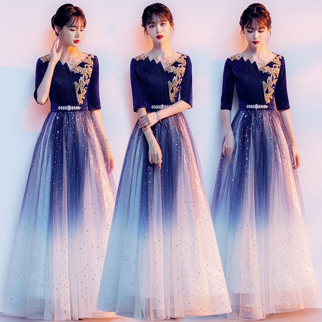 Evening A-Line Gradient Embroidered Flower Gown Sequin Elbow-Sleeve