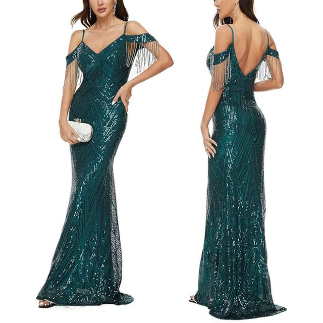 Cold-Shoulder Sequin Gown Evening Trumpet Beaded
