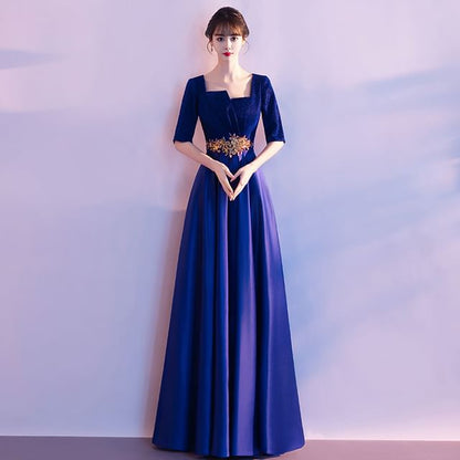 Evening Gown Neck Embroidered Square A-Line Elbow-Sleeve