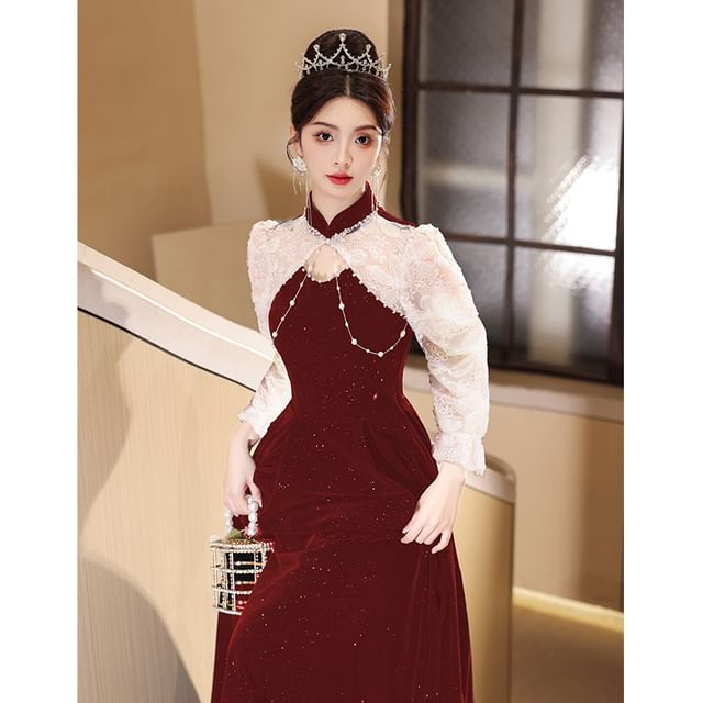 Neck A-Line Embroidered Glitter Flower Two Mock Tone Gown Puff-Sleeve Evening