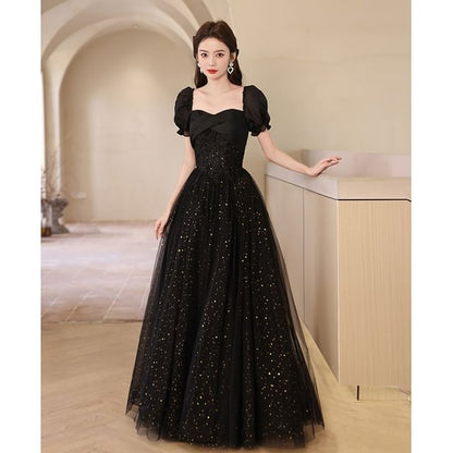 A-Line Sequin Evening Puff-Sleeve Gown