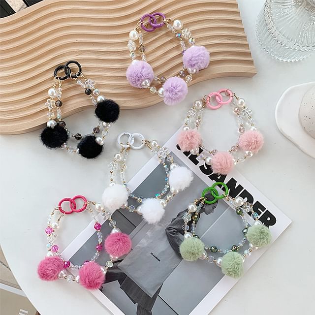 Layered Strap Pom Faux Pearl Phone