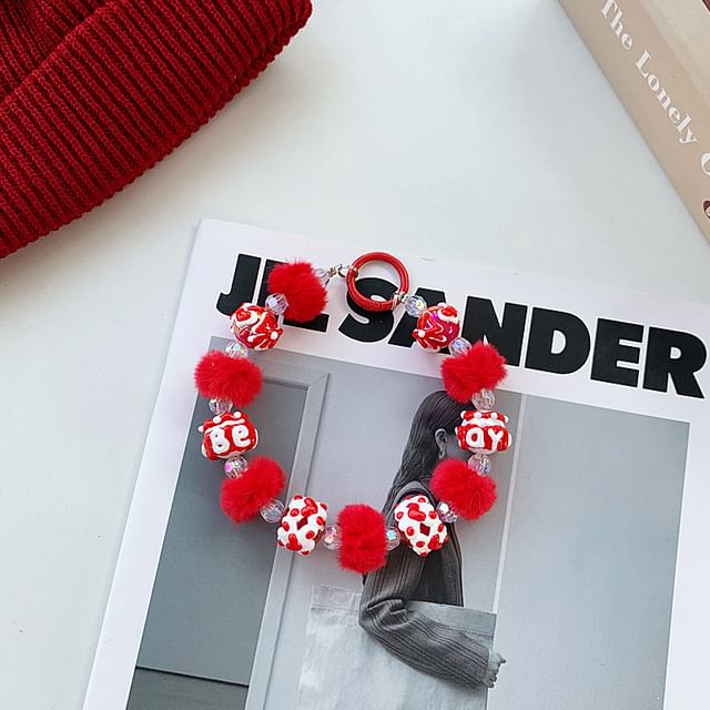 Bead Heart Phone Strap Pom