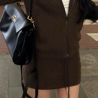 Zip-Up Hoodie Mini Pencil / Fluffy Waist Plain Knit Trim Drawstring Skirt