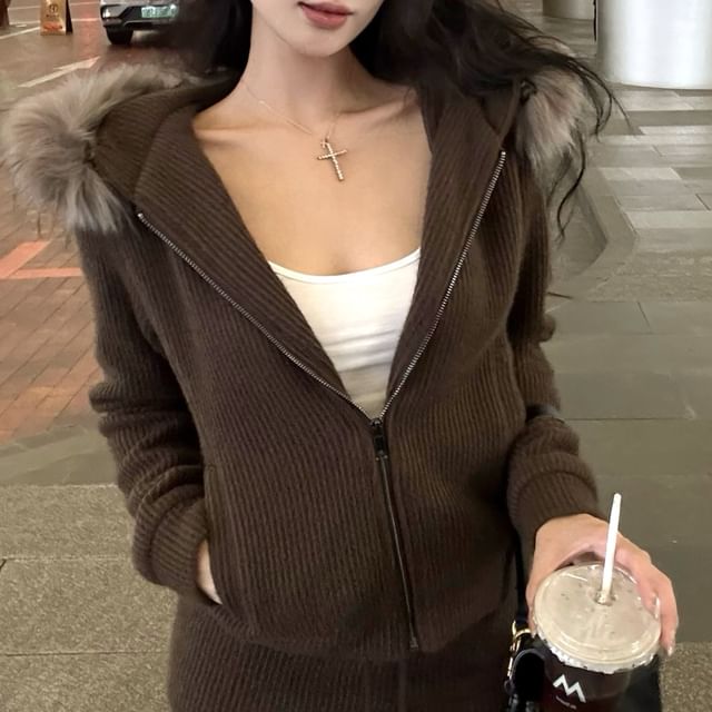 Zip-Up Hoodie Mini Pencil / Fluffy Waist Plain Knit Trim Drawstring Skirt