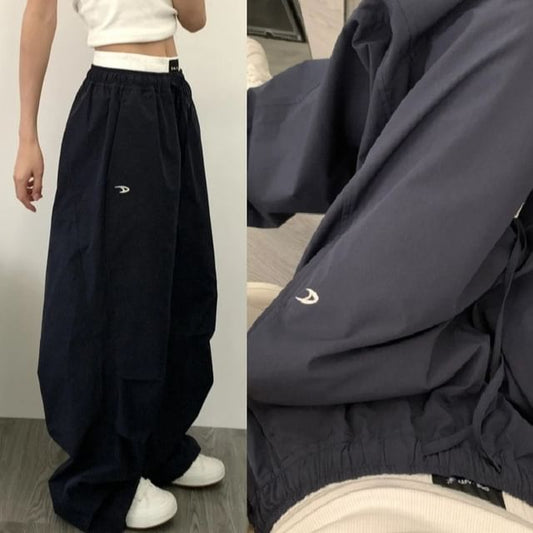 High Waist Color-Block Loose-Fit Wide-Leg Pants