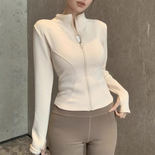 Stand Collar Plain Zip-Up Crop Jacket