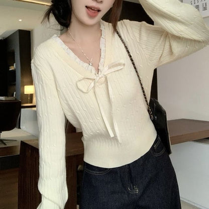 Long-Sleeve V-Neck Bow Accent Contrast Frill Trim Knit Top