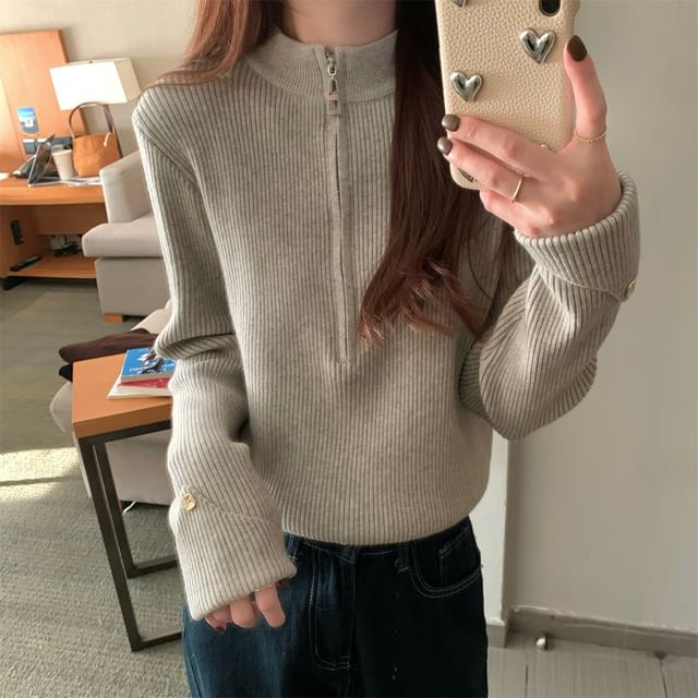 Half-Zip Plain Ribbed Sweater