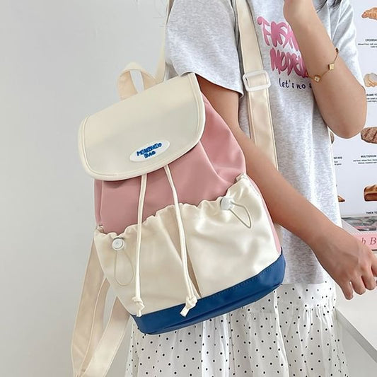 Flap Drawstring Panel Nylon Backpack