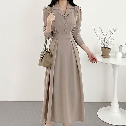 Long-Sleeve Plain Midi A-Line Shirt Dress