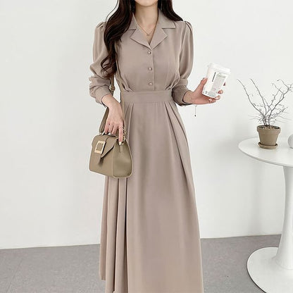 Long-Sleeve Plain Midi A-Line Shirt Dress