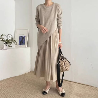 Set: Long-Sleeve Asymmetrical Plain Knit Top + Sleeveless Pleated Midi A-Line Dress