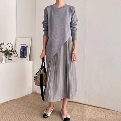 Set: Long-Sleeve Asymmetrical Plain Knit Top + Sleeveless Pleated Midi A-Line Dress