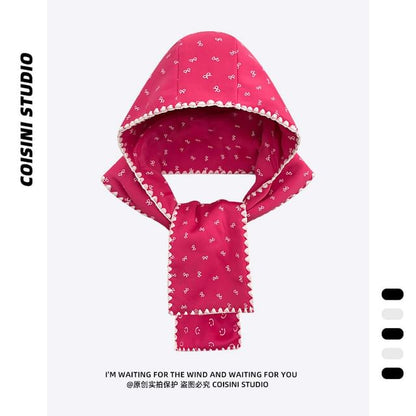 Smiley Face Print Hooded Scarf / Bow Print Hooded Scarf