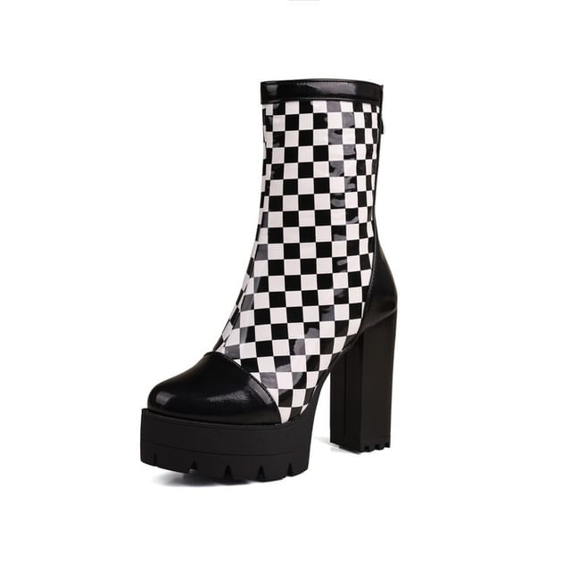 Short Block Checkerboard Heel Boots