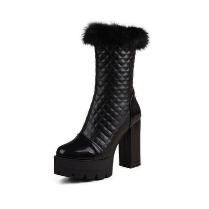 Trim Quilted Furry Heel Block Short Boots