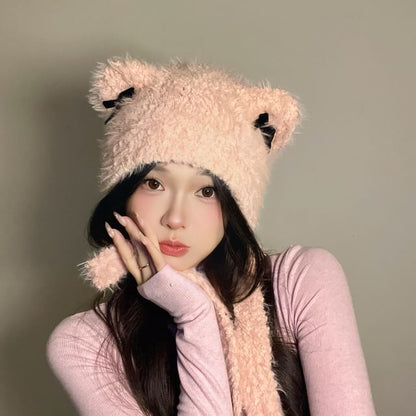 Bear Ear Ribbon Chenille Knit Hat