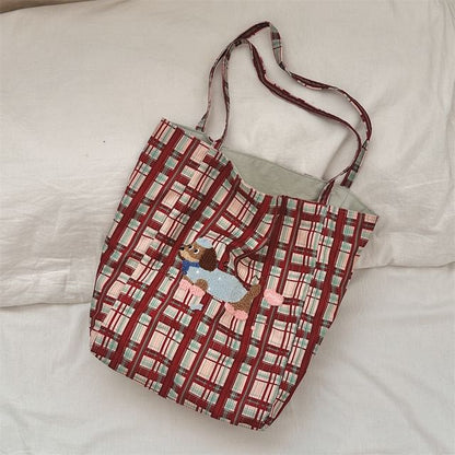 Plaid Cartoon Applique Corduroy Tote Bag