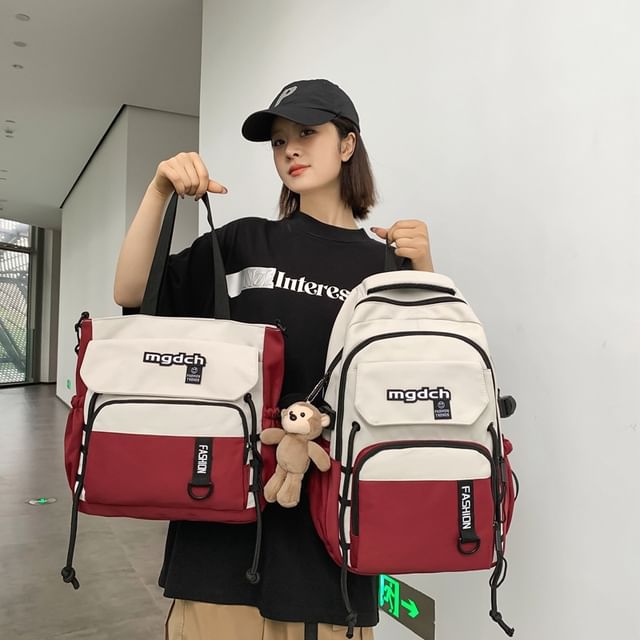 / Charm Tone Laptop Two Set Bag Lettering Nylon Print Tote Backpack