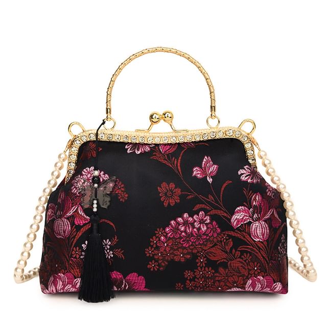 Bag Faux Kiss Embroidered Tassel Strap Pearl Crossbody Floral Lock