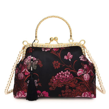 Bag Faux Kiss Embroidered Tassel Strap Pearl Crossbody Floral Lock